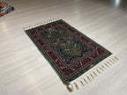 3x4 ft Green Red Runner Silk Rug, Brid And Floral Patternd, Modern Hallway Rug