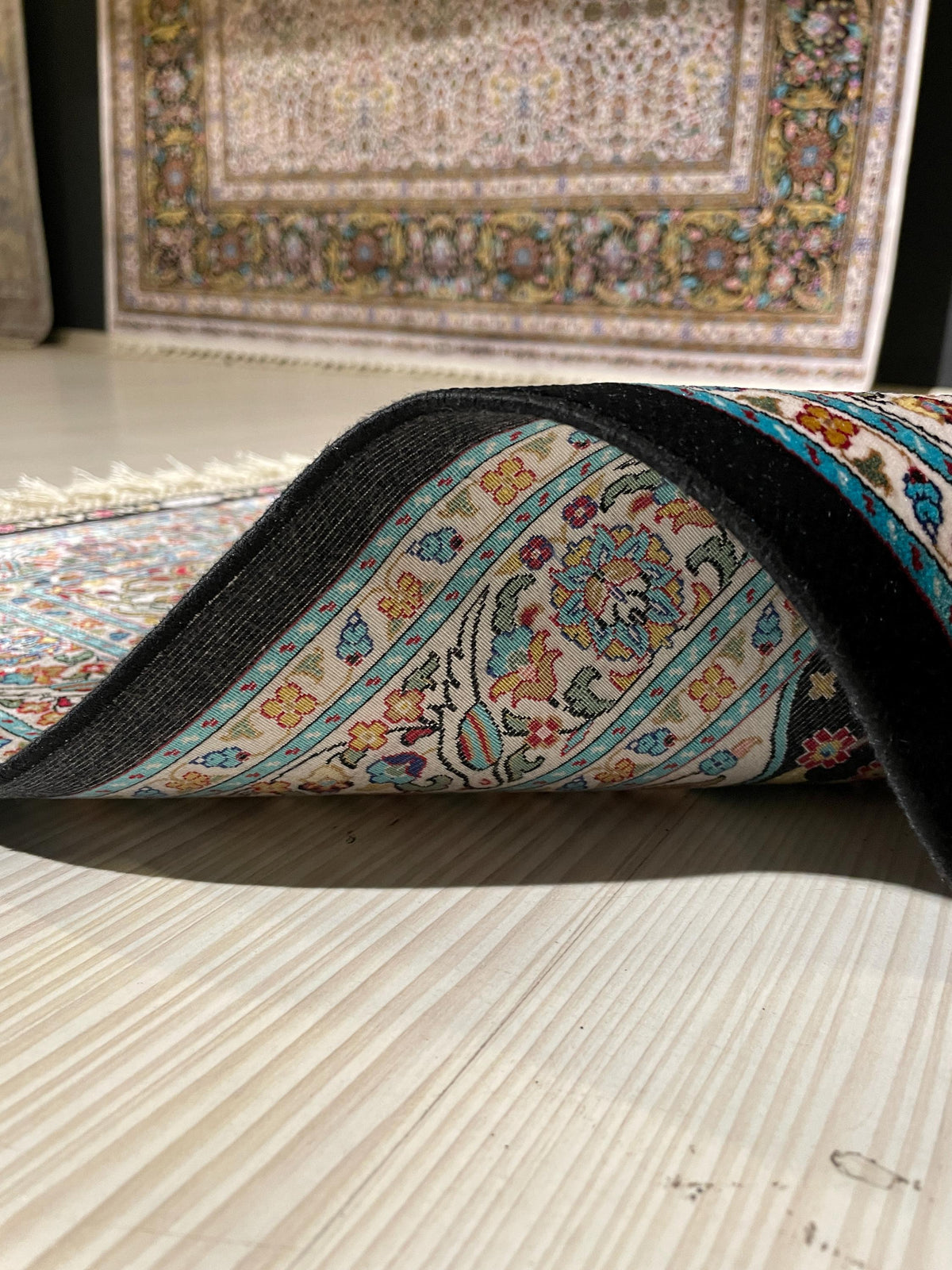 2x3 ft Black Silk Small Rug, Turkish-Style Rug with Flower and Bird Motifs