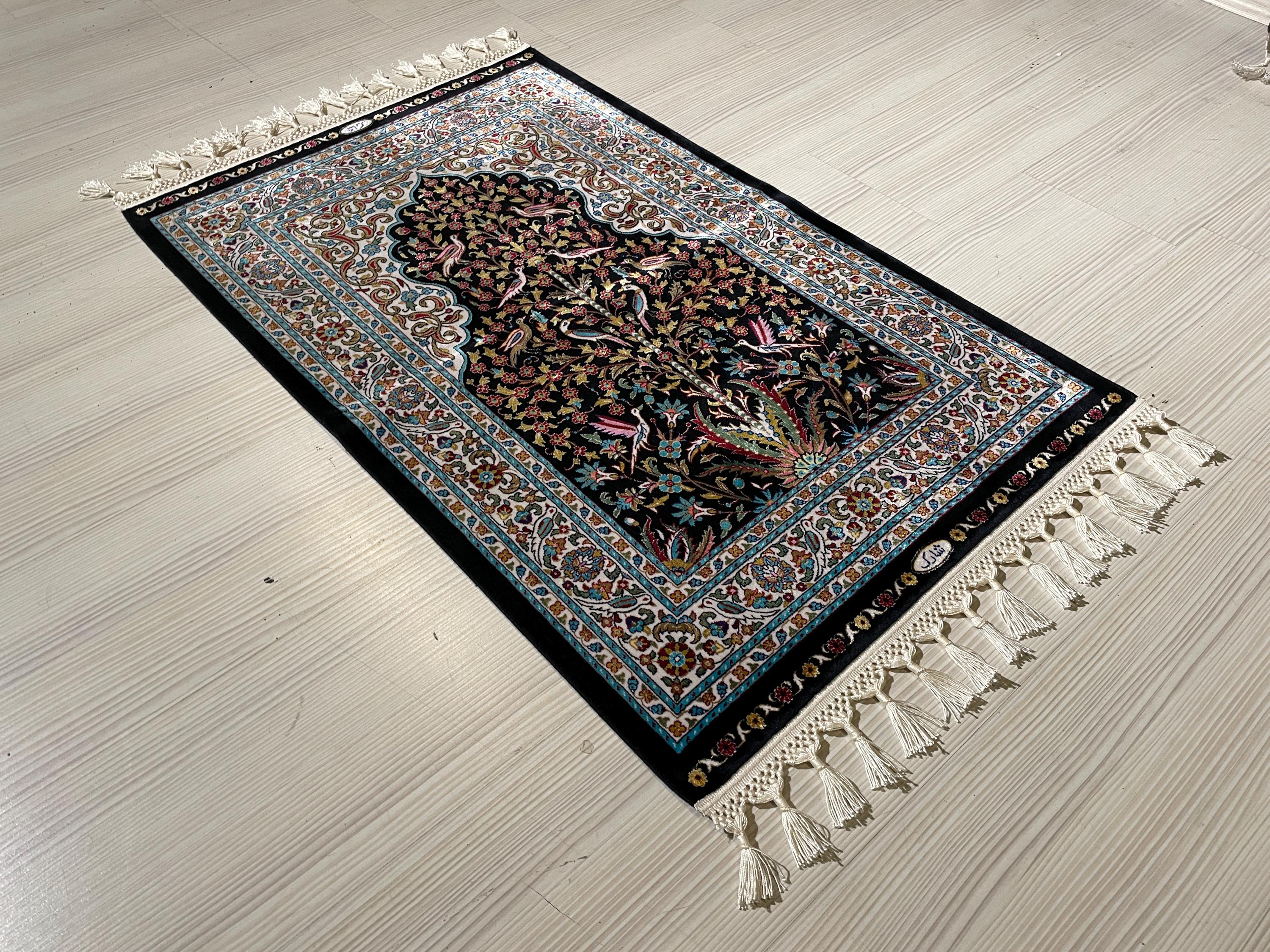 2x3 ft Black Silk Small Rug, Turkish-Style Rug with Flower and Bird Motifs