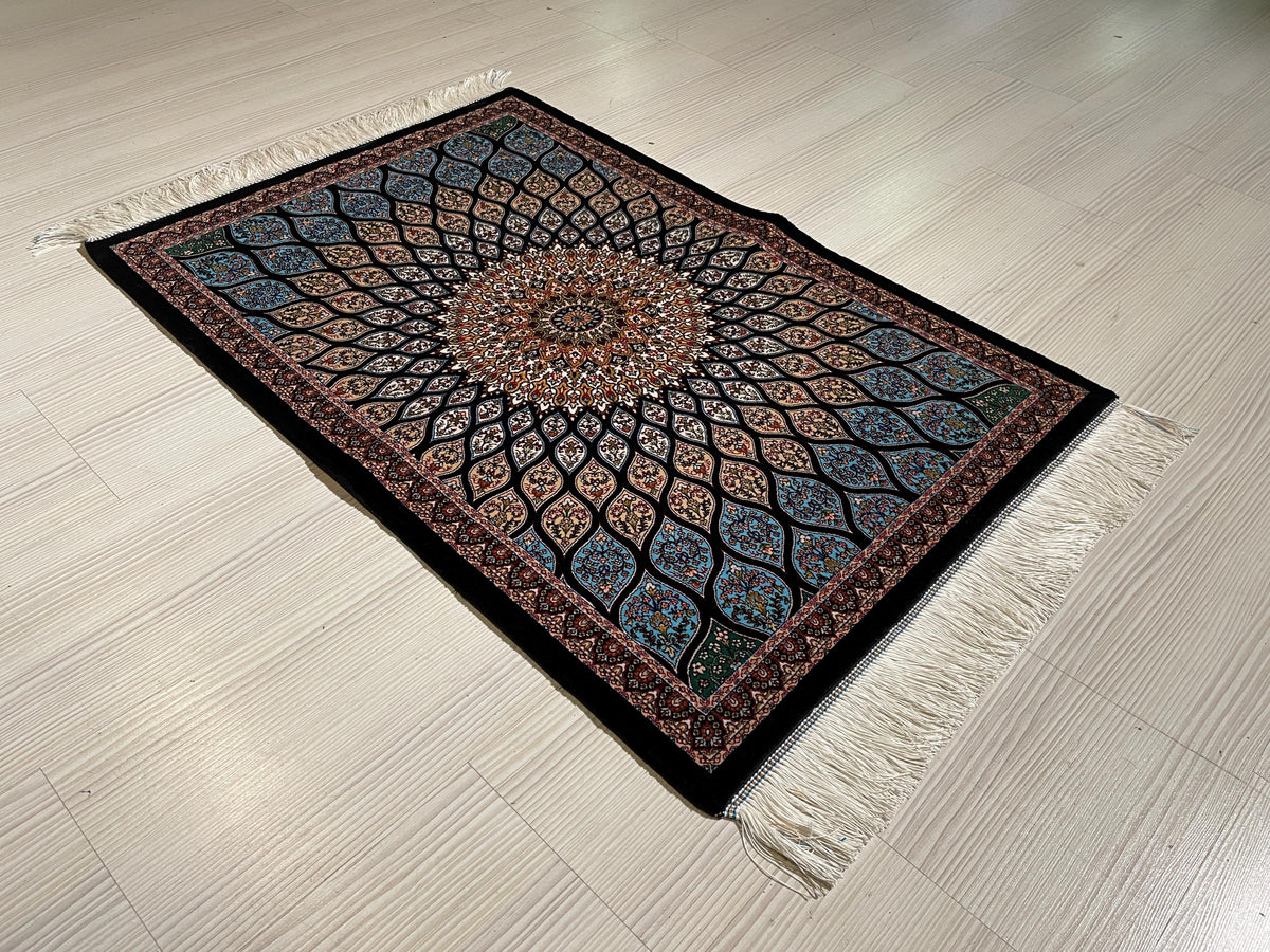 2x3 ft Blue Small Silk Rug, Lotus Flower Patternd Turkish Style Carpet