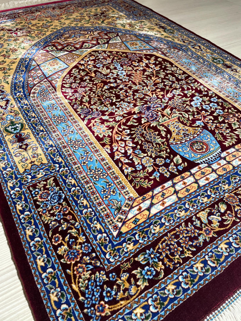 Bamboo Silk Prayer Rug, Floral Vase Rug, Burgundy Accent Carpet