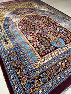 Bamboo Silk Prayer Rug, Floral Vase Rug, Burgundy Accent Carpet