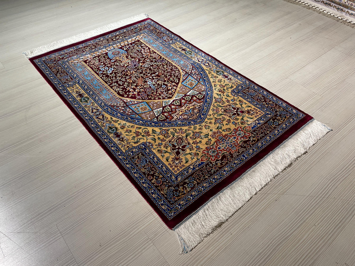 Bamboo Silk Prayer Rug, Floral Vase Rug, Burgundy Accent Carpet