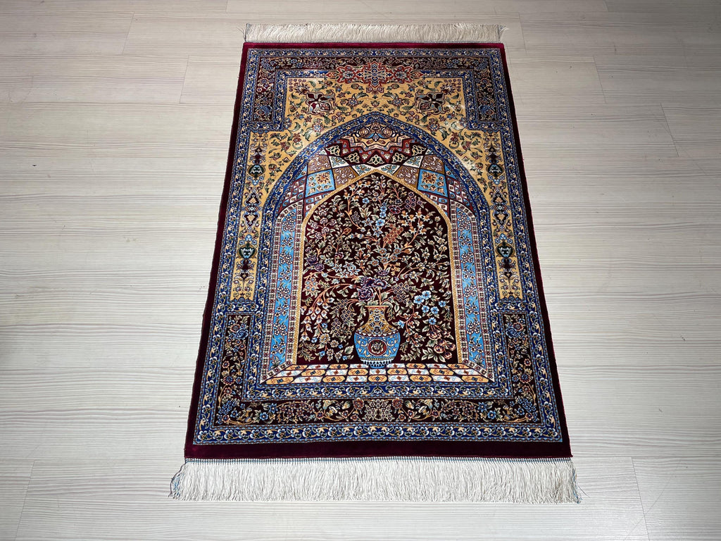 Bamboo Silk Prayer Rug, Floral Vase Rug, Burgundy Accent Carpet