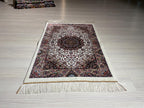 2x3 ft Ivory Small Silk Rug, Modern Medallion Design Oriental Accent Carpet