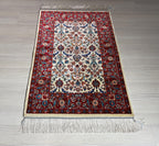 2x3 ft Beige Red Small Silk Rug, Turkish Silk Carpet, Floral Design