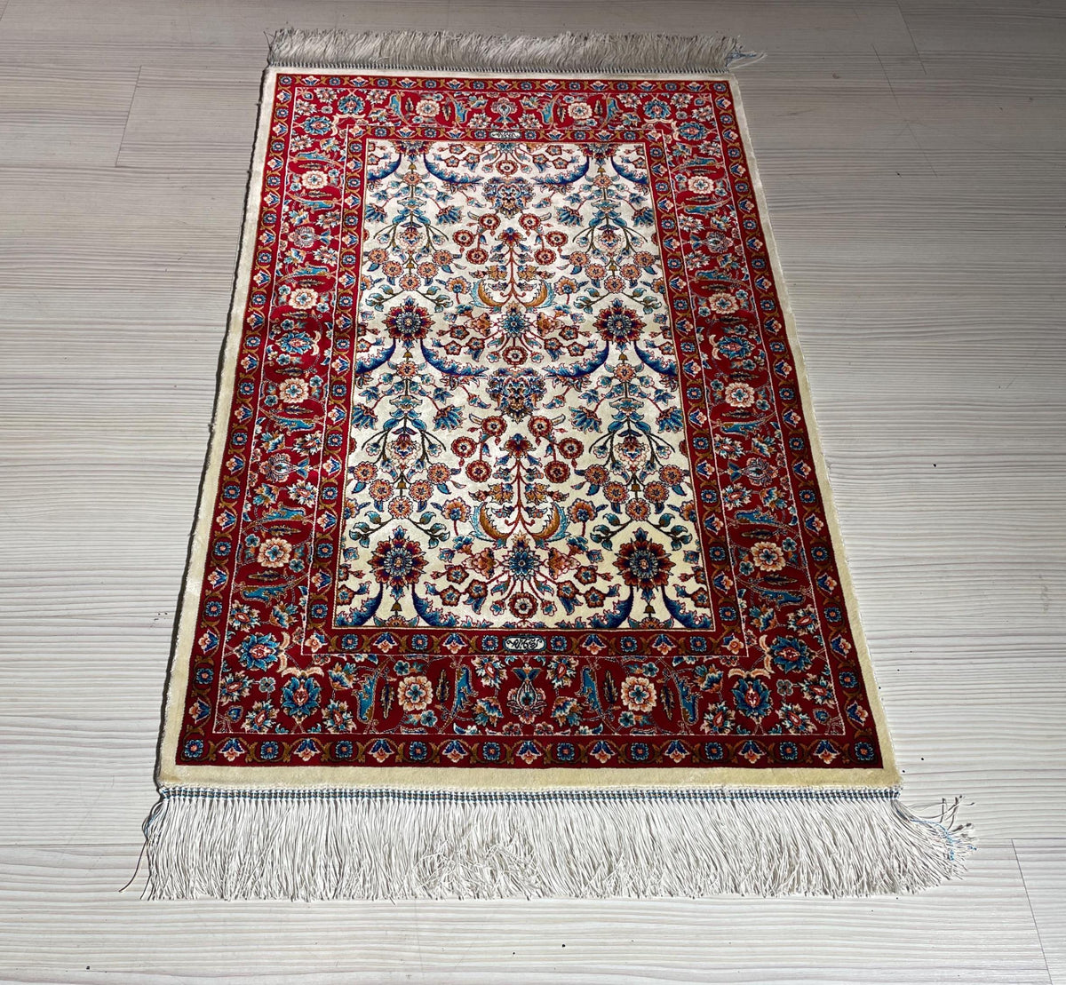 2x3 ft Beige Red Small Silk Rug, Turkish Silk Carpet, Floral Design