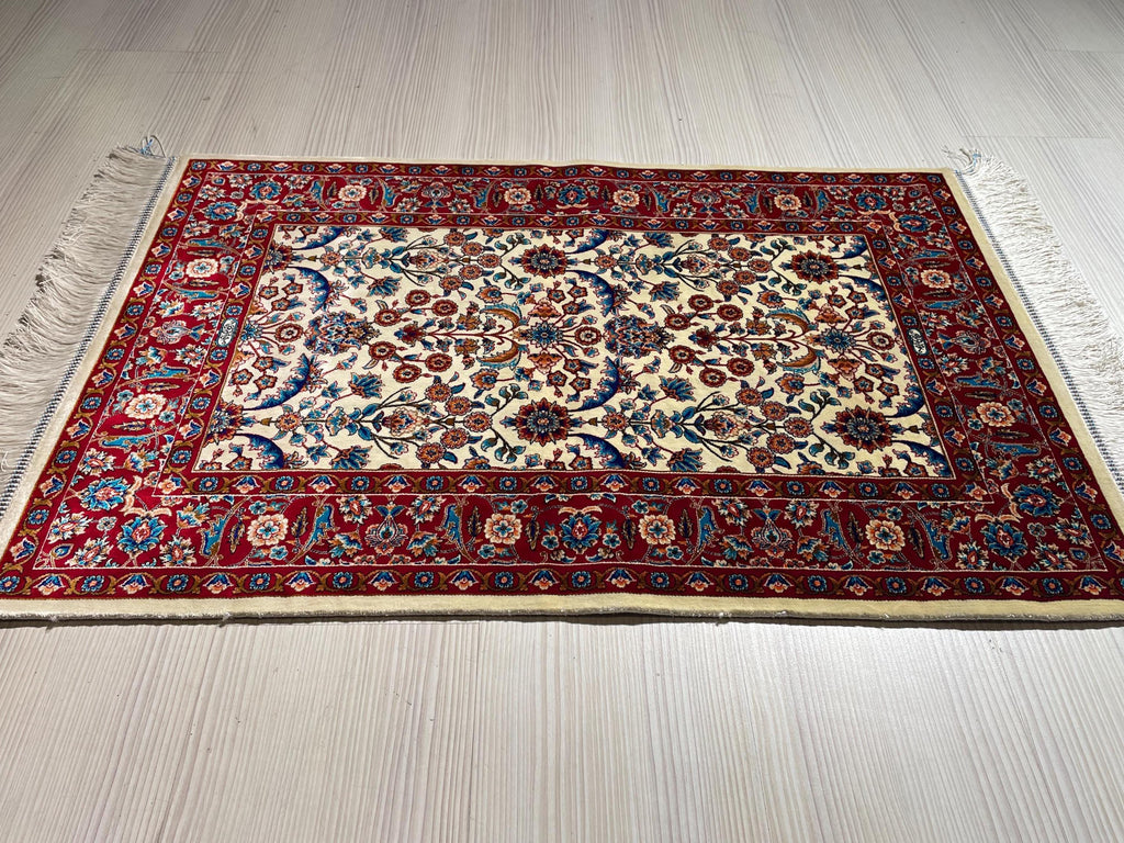2x3 ft Beige Red Small Silk Rug, Turkish Silk Carpet, Floral Design