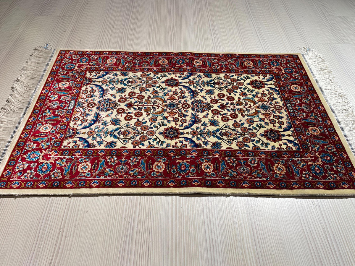 2x3 ft Beige Red Small Silk Rug, Turkish Silk Carpet, Floral Design