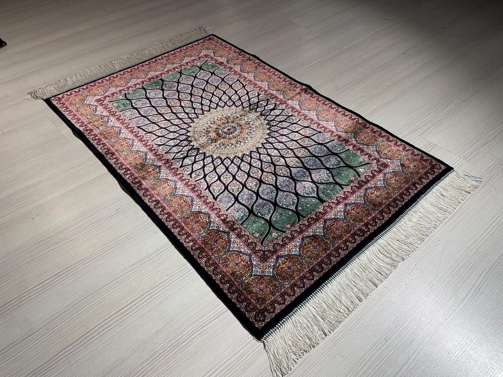 2x3 ft Colorful Small Silk Rug, Lotus Flowers Patternd, Turkish Style Carpet