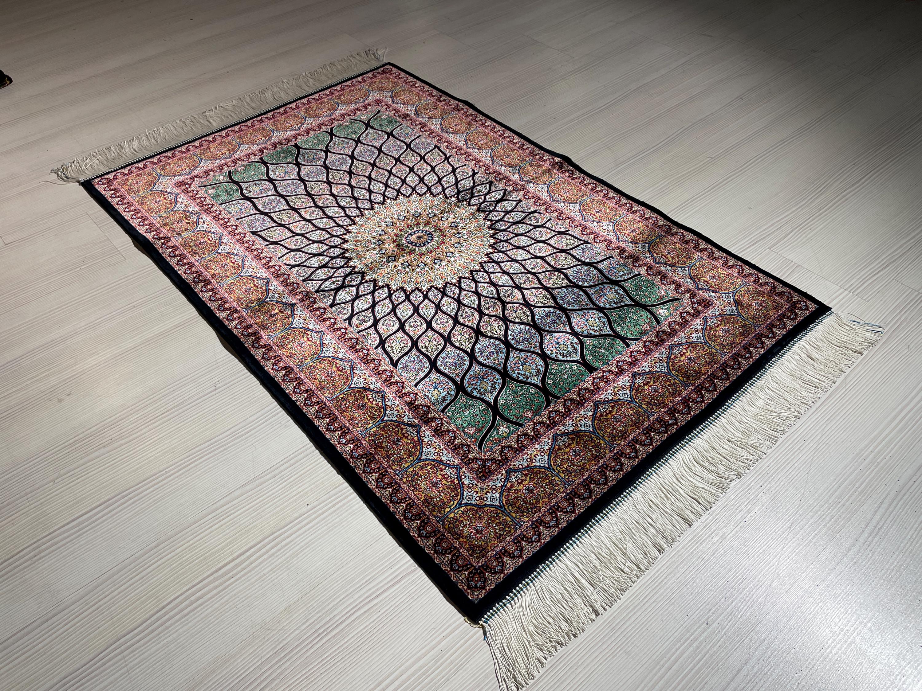 2x3 ft Colorful Small Silk Rug, Lotus Flowers Patternd, Turkish Style Carpet