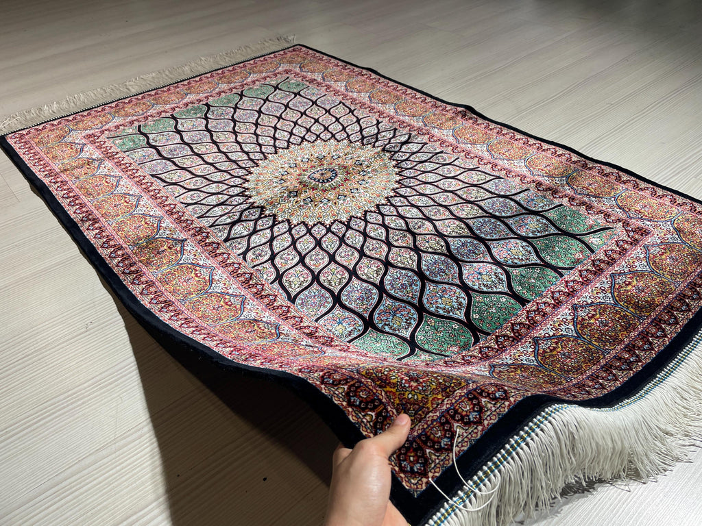 2x3 ft Colorful Small Silk Rug, Lotus Flowers Patternd, Turkish Style Carpet
