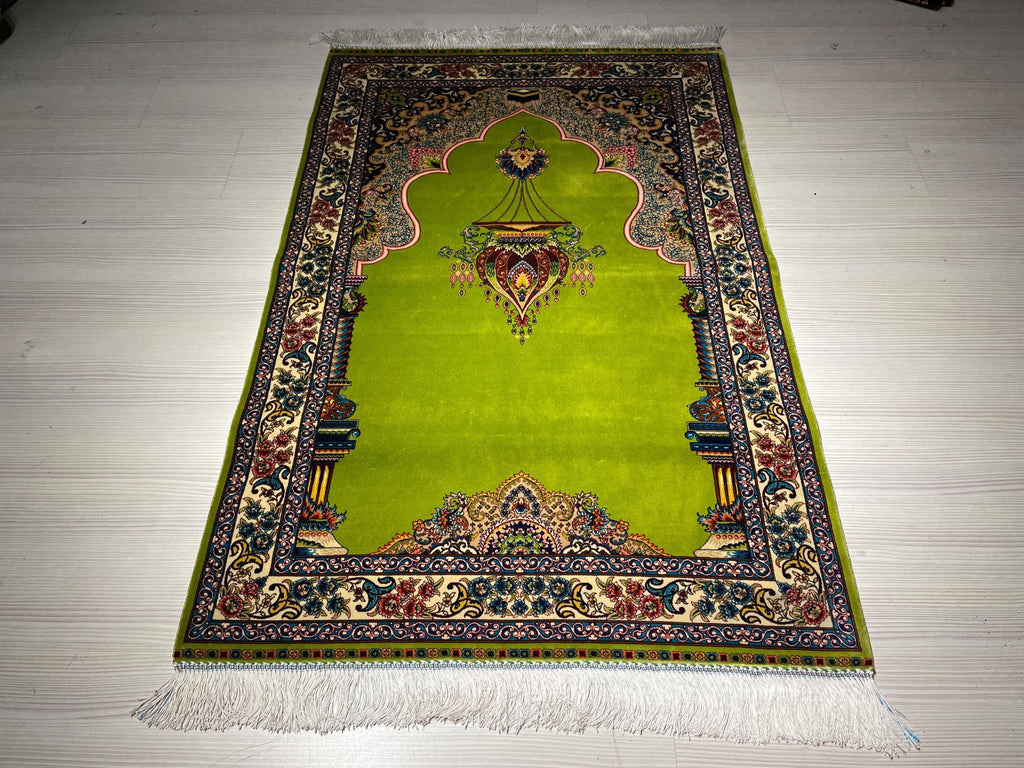 Green Islamic Prayer Rug, Modal Silk Prayer Mat, Floral Mihrab Design Muslim Gift