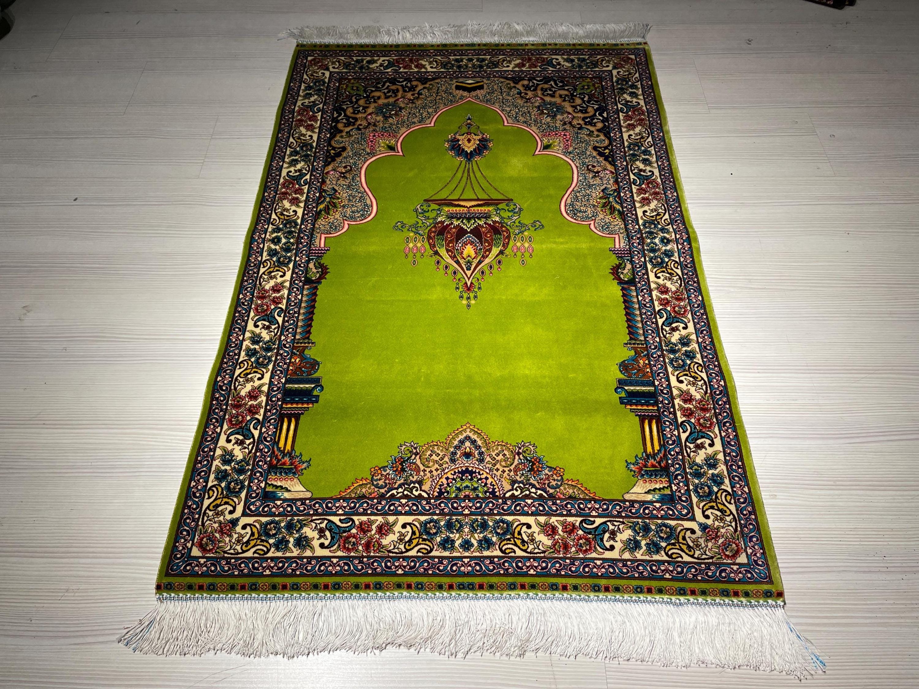Green Islamic Prayer Rug, Modal Silk Prayer Mat, Floral Mihrab Design Muslim Gift