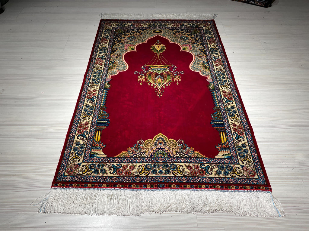 Burgundy Modal Silk Prayer Rug, Ottoman Mihrab Accent Rug for Home Decor
