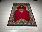 Burgundy Modal Silk Prayer Rug, Ottoman Mihrab Accent Rug for Home Decor