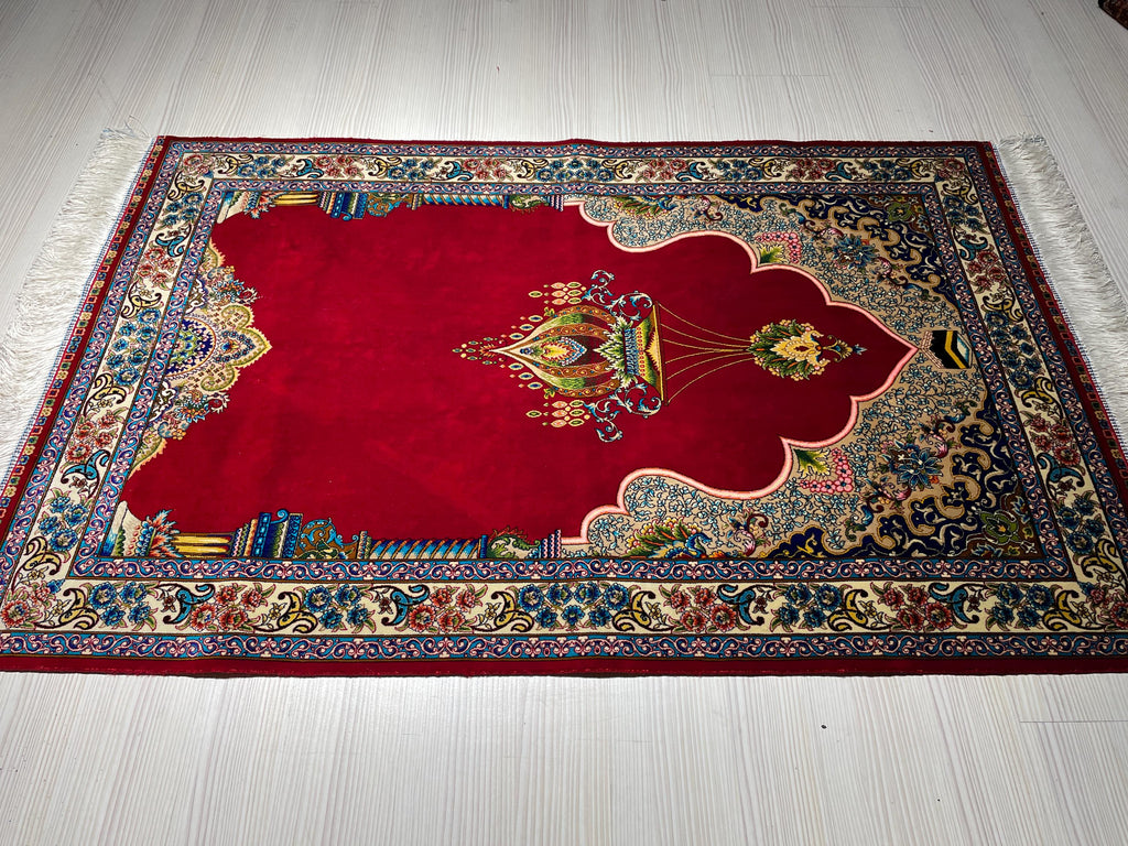 Burgundy Modal Silk Prayer Rug, Ottoman Mihrab Accent Rug for Home Decor