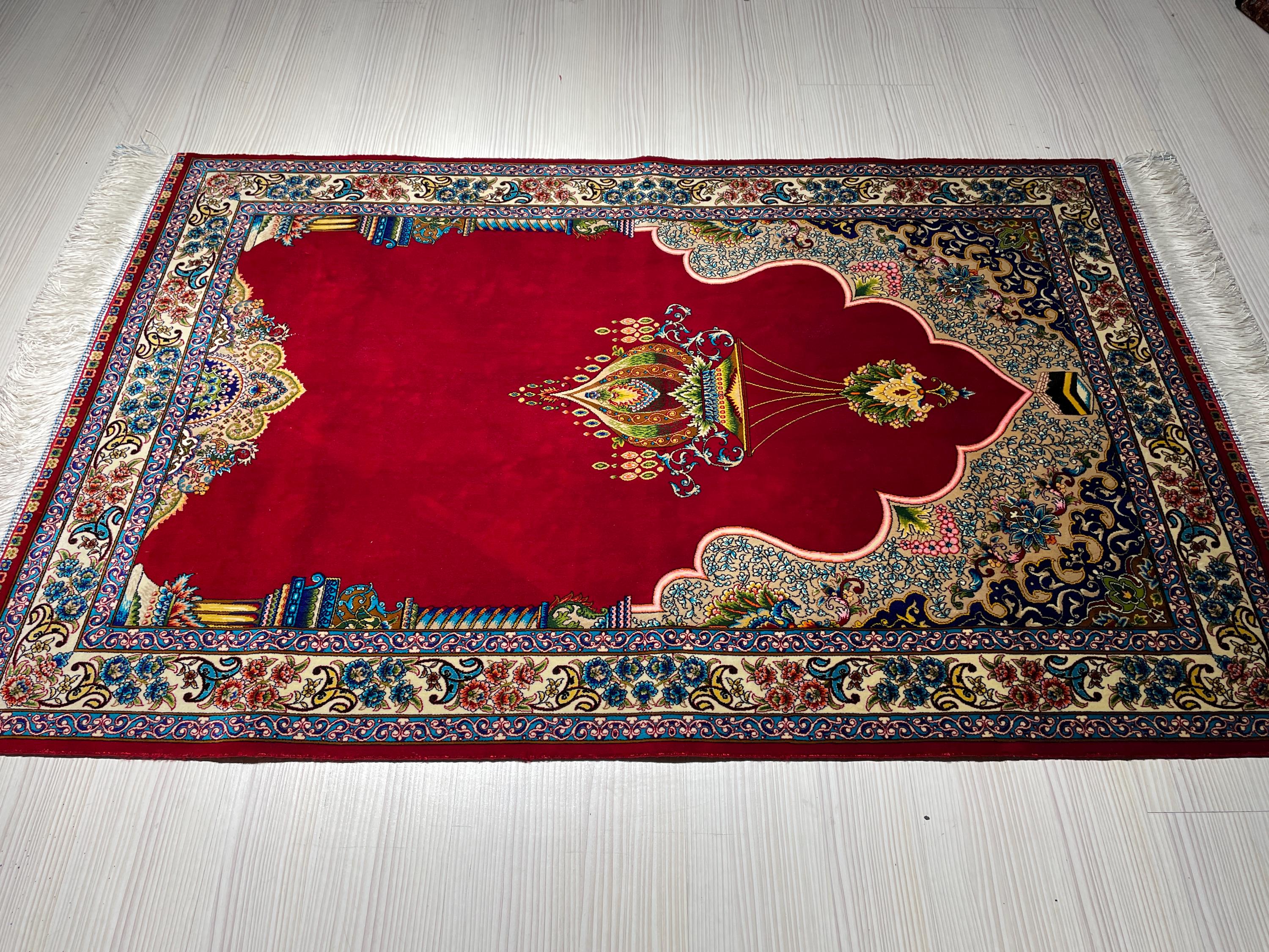 Burgundy Modal Silk Prayer Rug, Ottoman Mihrab Accent Rug for Home Decor