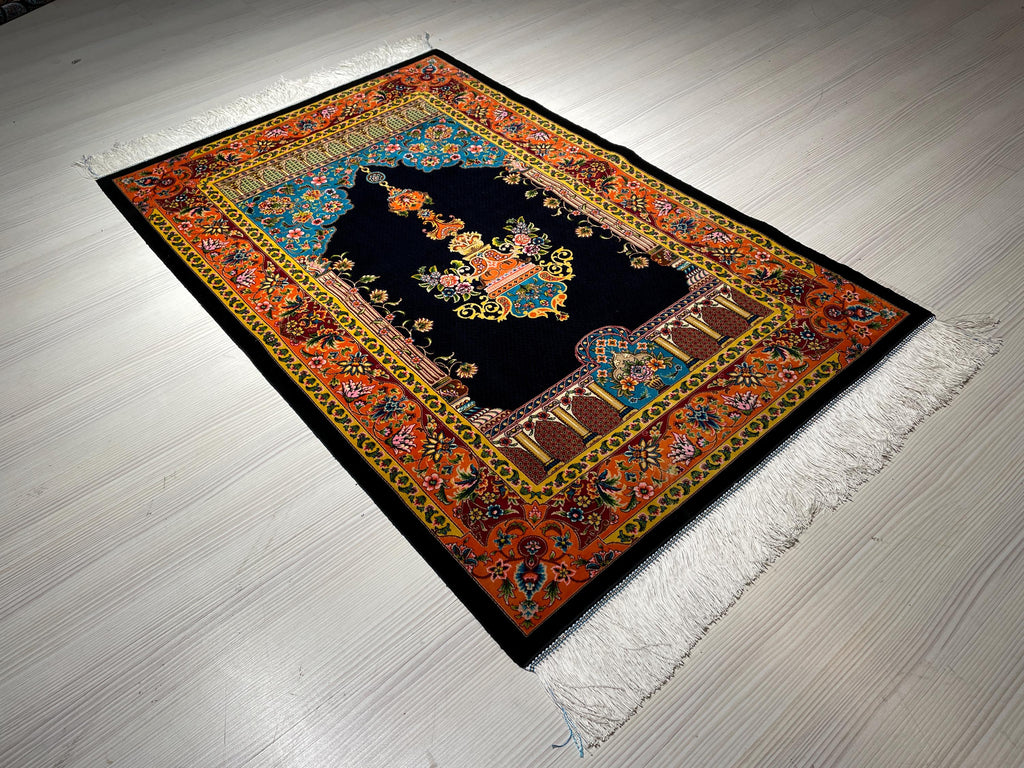 Navy Blue Floral Arch Prayer Rug Traditional Mosque Lantern Design Decorative Silk Mat