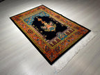 Navy Blue Floral Arch Prayer Rug Traditional Mosque Lantern Design Decorative Silk Mat