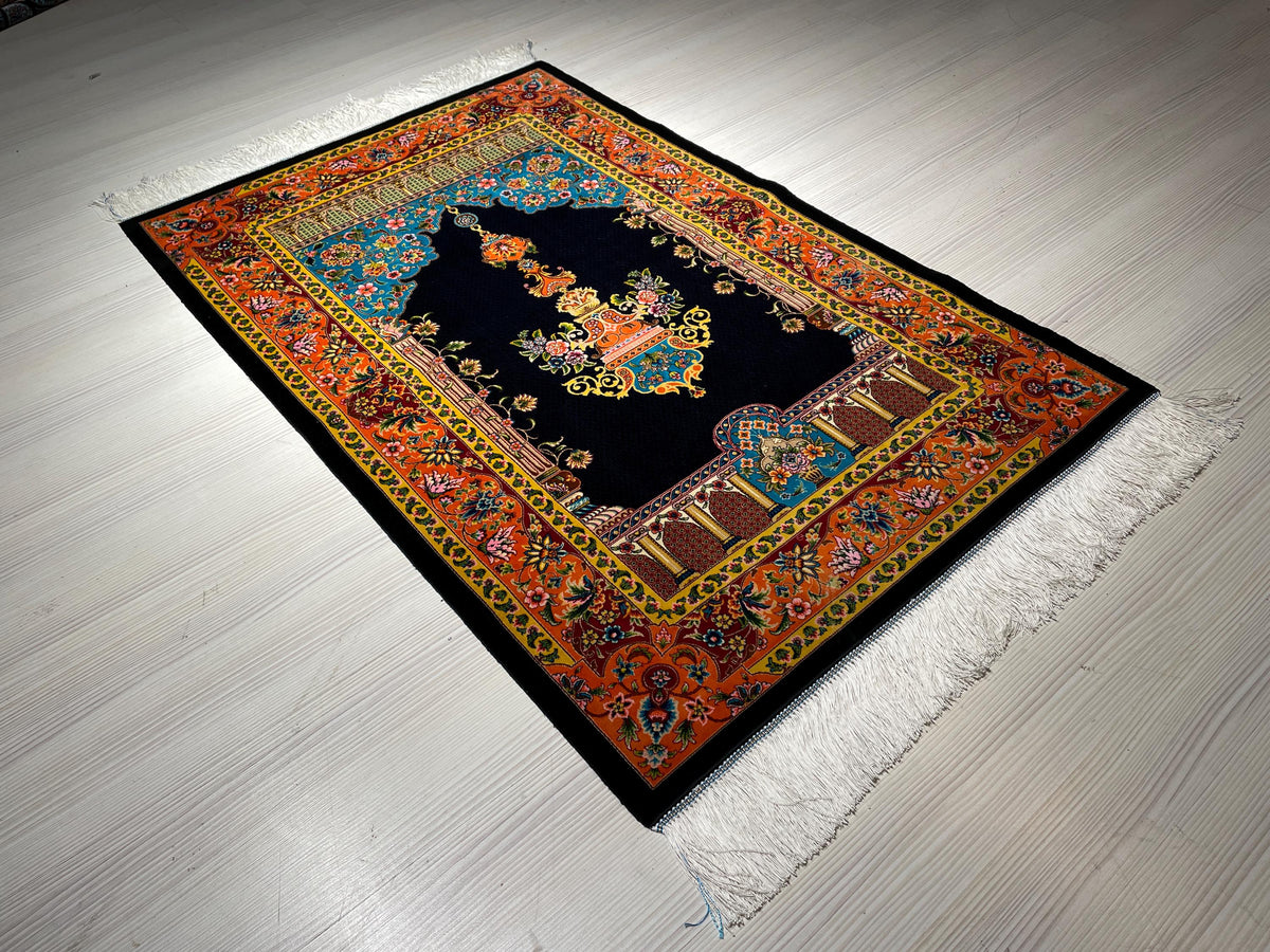 Navy Blue Floral Arch Prayer Rug Traditional Mosque Lantern Design Decorative Silk Mat
