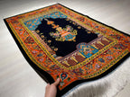 Navy Blue Floral Arch Prayer Rug Traditional Mosque Lantern Design Decorative Silk Mat