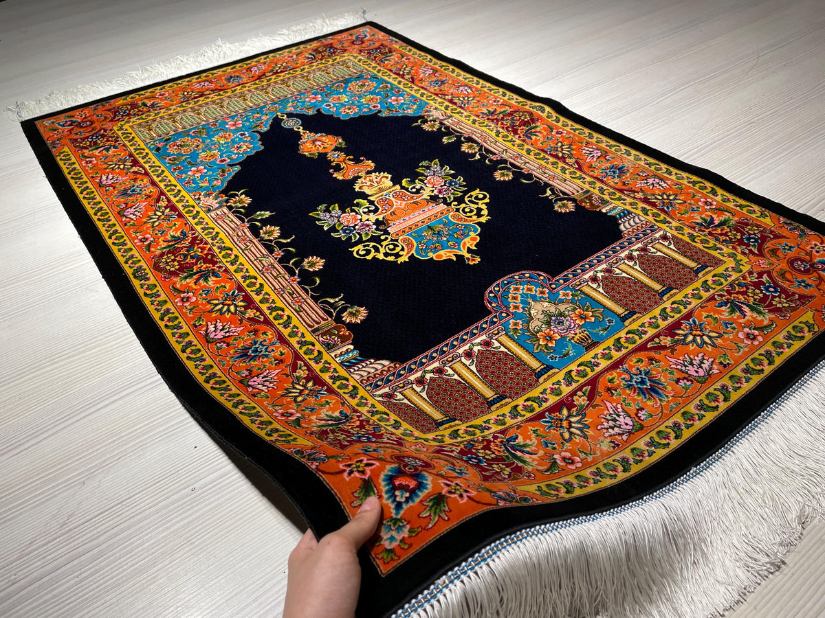 Navy Blue Floral Arch Prayer Rug Traditional Mosque Lantern Design Decorative Silk Mat