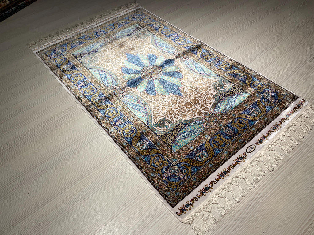 Blue Ivory Silk Runner Rug, Medallion Pattern Elegant Traditional Hallway Decor