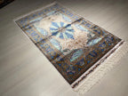 Blue Ivory Silk Runner Rug, Medallion Pattern Elegant Traditional Hallway Decor