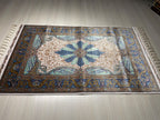Blue Ivory Silk Runner Rug, Medallion Pattern Elegant Traditional Hallway Decor