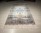 Blue Ivory Silk Runner Rug, Medallion Pattern Elegant Traditional Hallway Decor