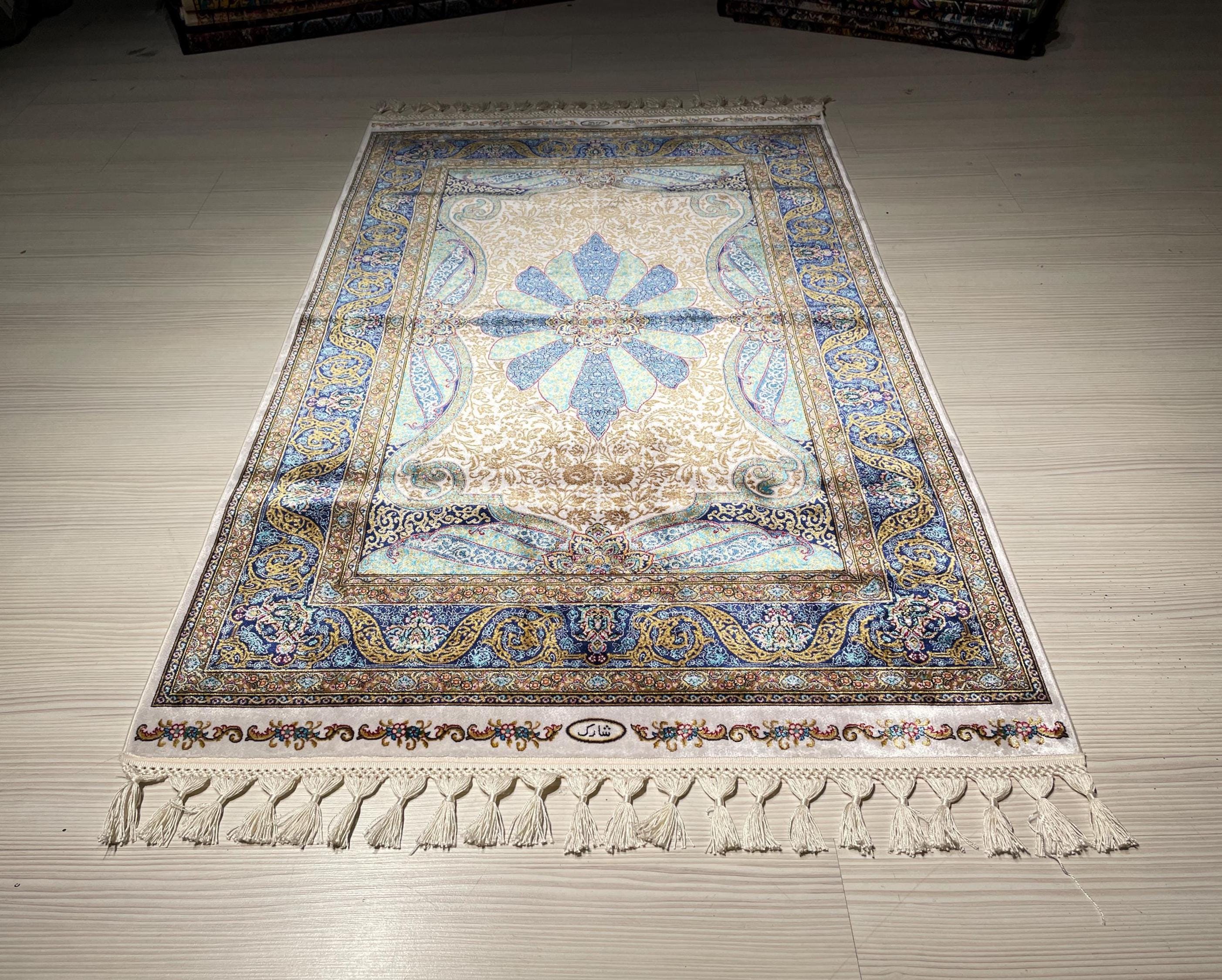 Blue Ivory Silk Runner Rug, Medallion Pattern Elegant Traditional Hallway Decor
