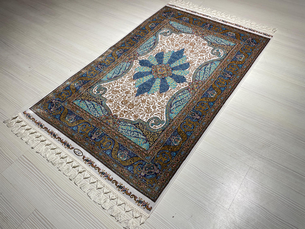 Blue Ivory Silk Runner Rug, Medallion Pattern Elegant Traditional Hallway Decor