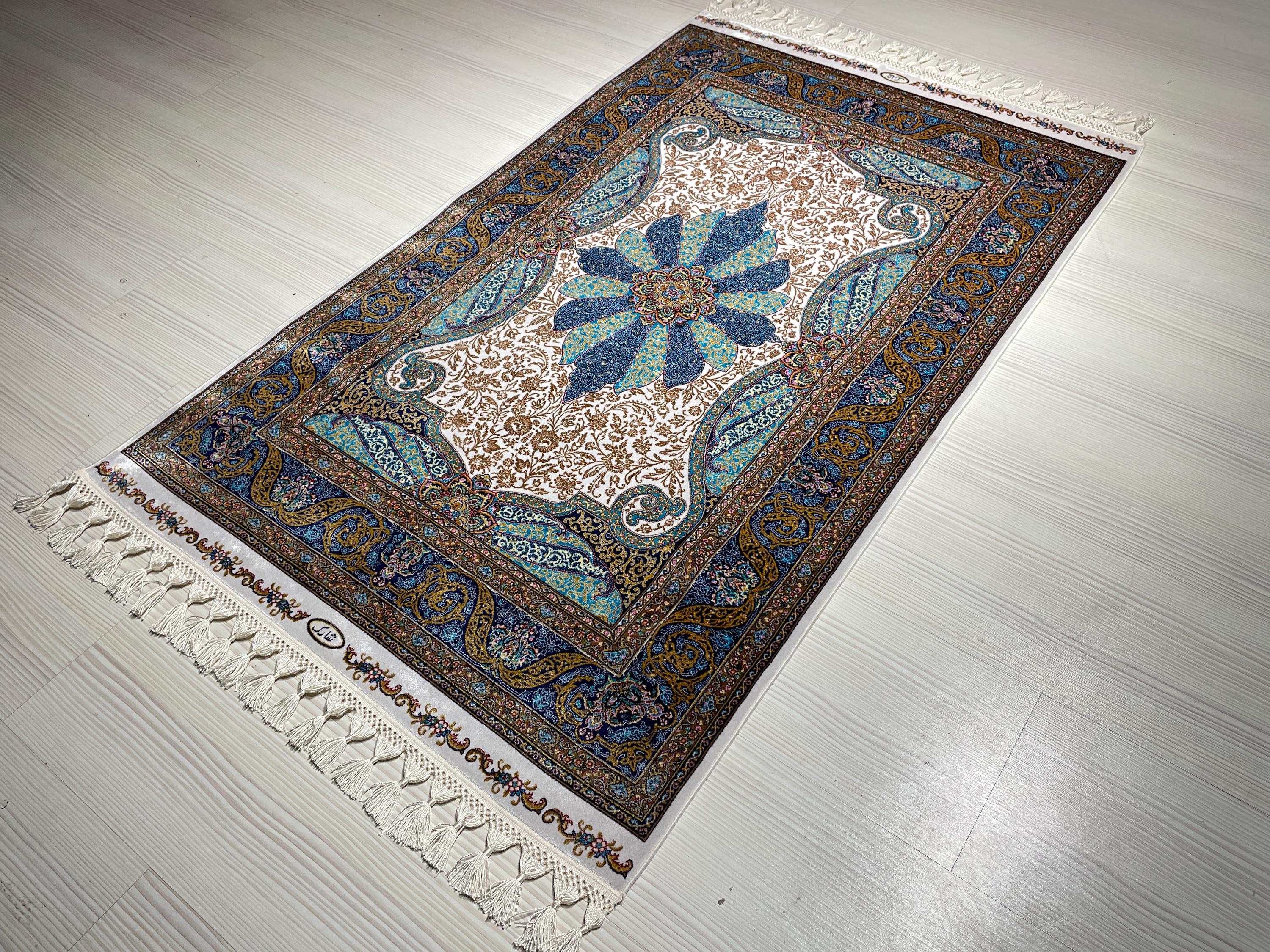 Blue Ivory Silk Runner Rug, Medallion Pattern Elegant Traditional Hallway Decor