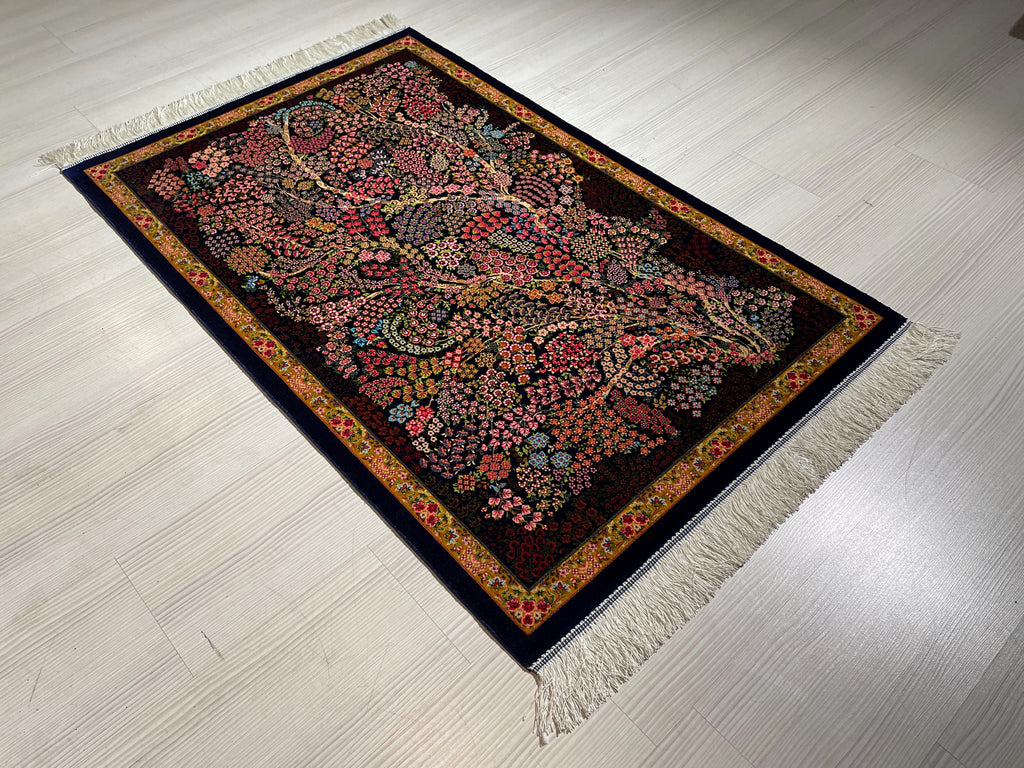 3x5 ft Blue Floral Silk Runner Rug, Turkish Small Rug, Oriental Silk Carpet