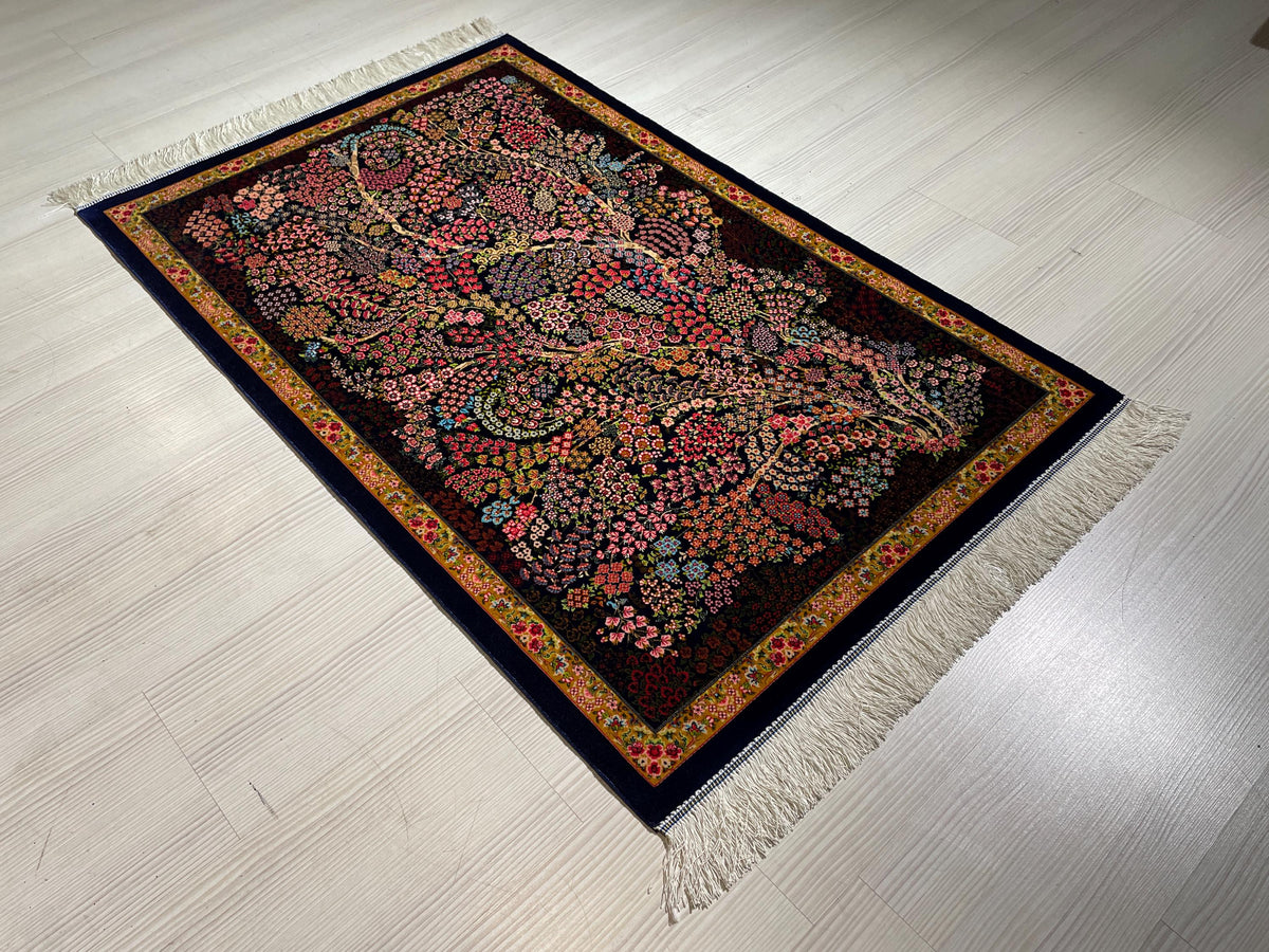 3x5 ft Blue Floral Silk Runner Rug, Turkish Small Rug, Oriental Silk Carpet