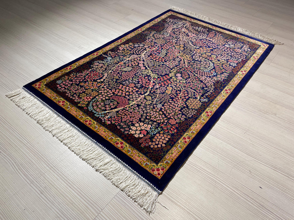 3x5 ft Blue Floral Silk Runner Rug, Turkish Small Rug, Oriental Silk Carpet