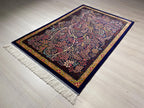 3x5 ft Blue Floral Silk Runner Rug, Turkish Small Rug, Oriental Silk Carpet