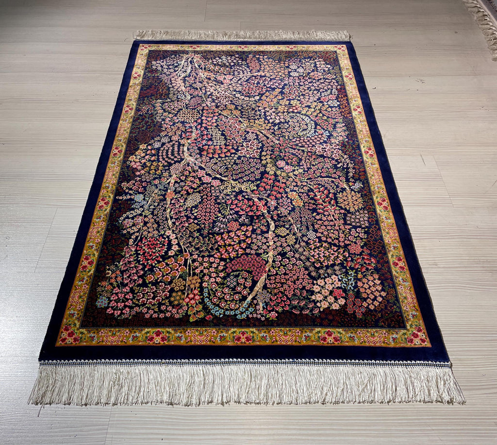 3x5 ft Blue Floral Silk Runner Rug, Turkish Small Rug, Oriental Silk Carpet