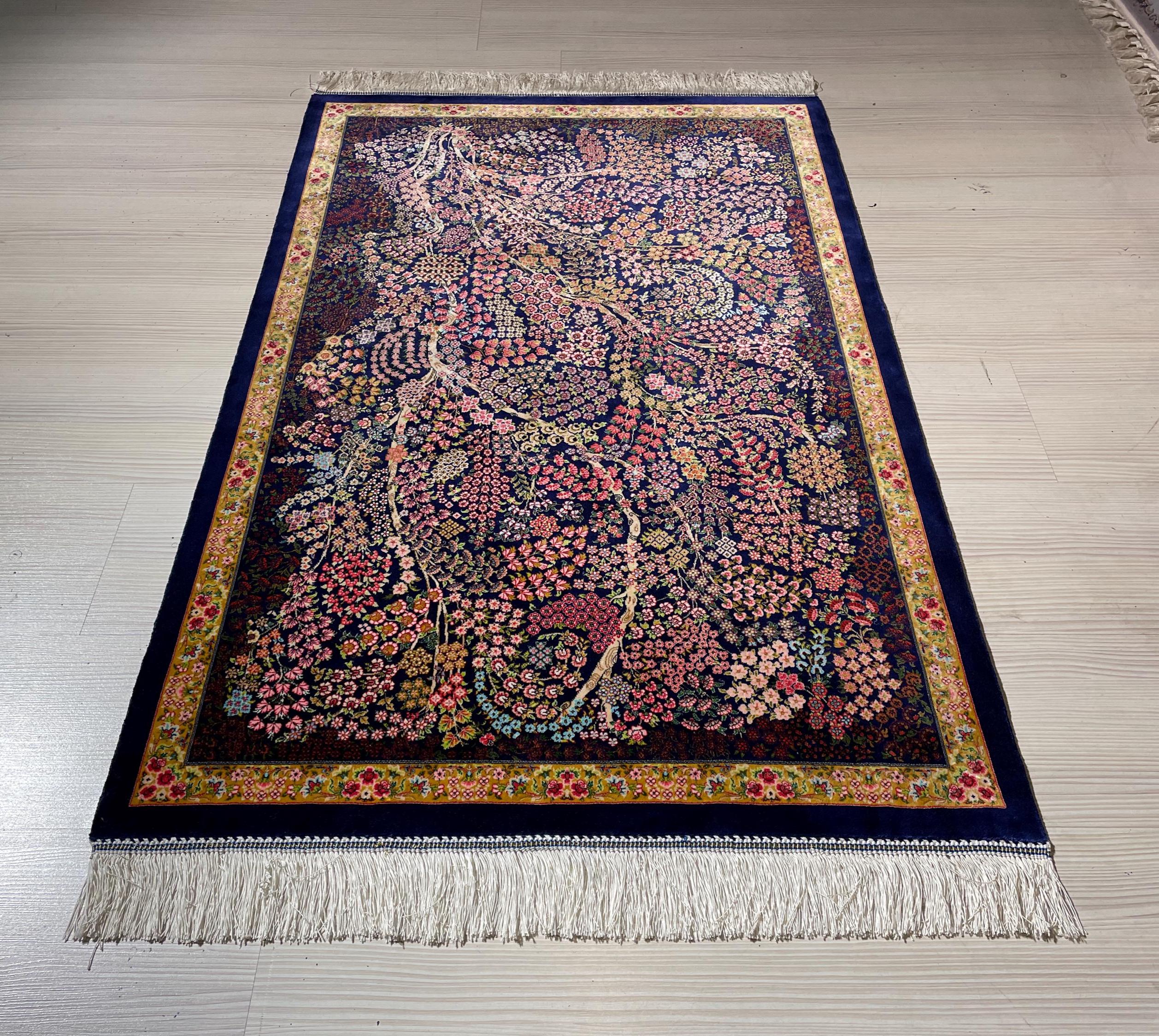 3x5 ft Blue Floral Silk Runner Rug, Turkish Small Rug, Oriental Silk Carpet