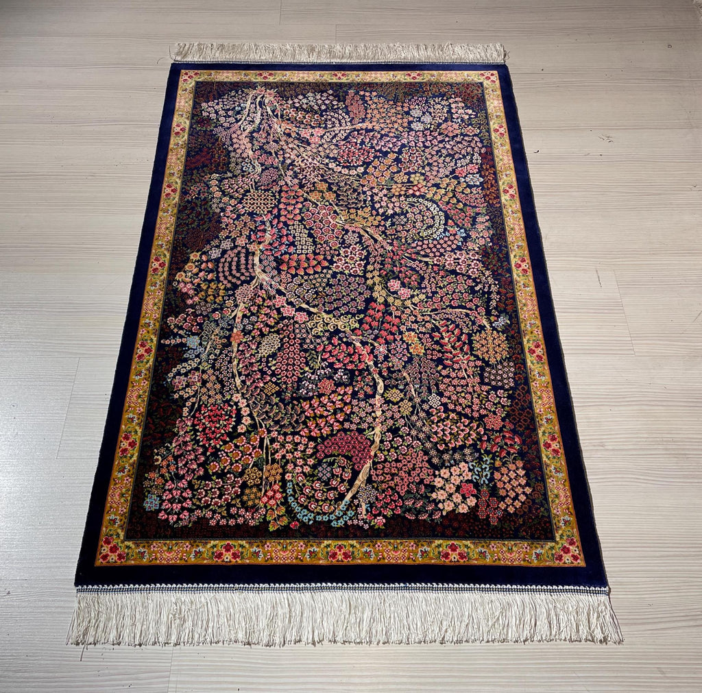 3x5 ft Blue Floral Silk Runner Rug, Turkish Small Rug, Oriental Silk Carpet