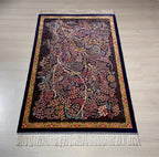 3x5 ft Blue Floral Silk Runner Rug, Turkish Small Rug, Oriental Silk Carpet