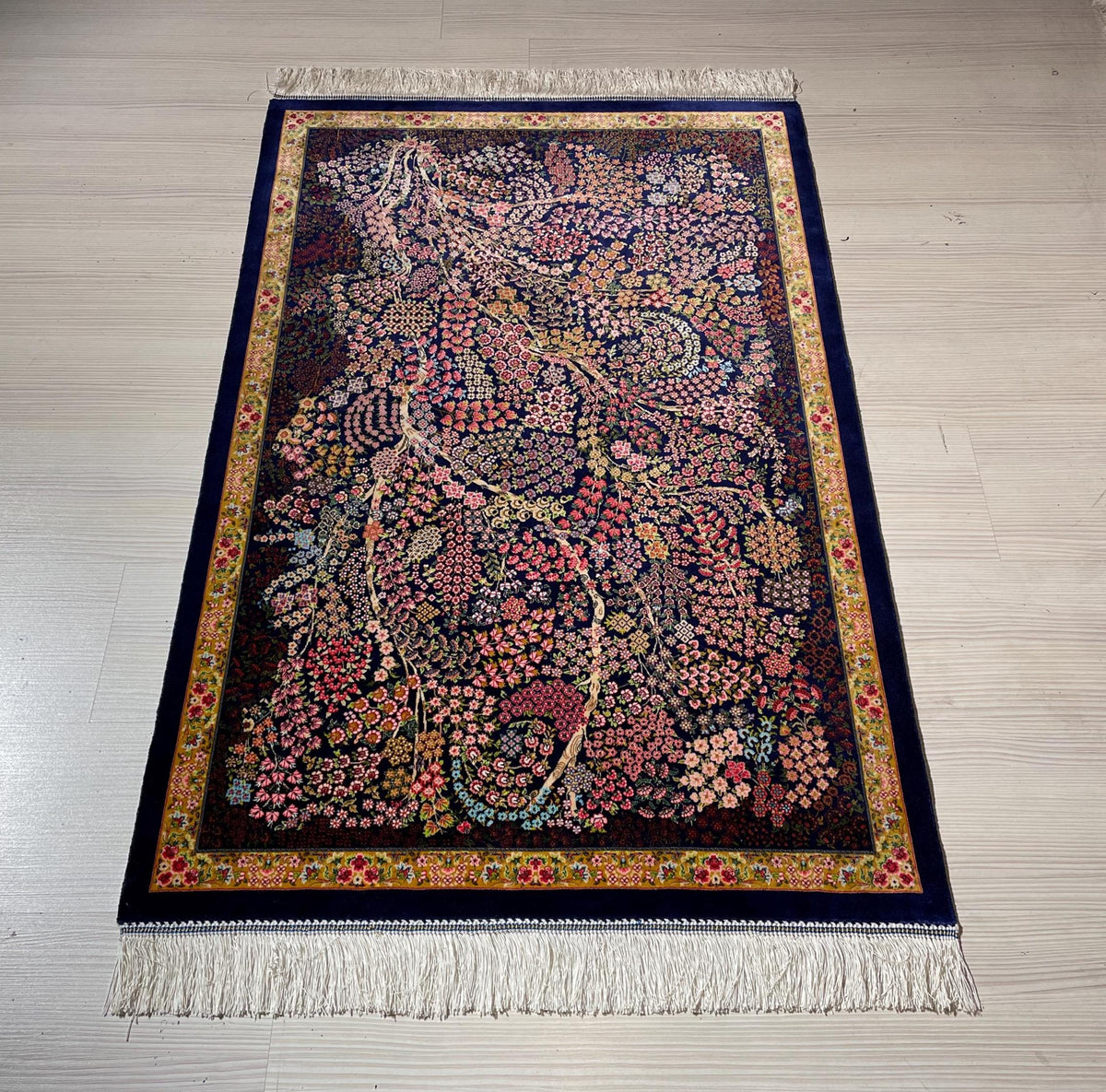 3x5 ft Blue Floral Silk Runner Rug, Turkish Small Rug, Oriental Silk Carpet