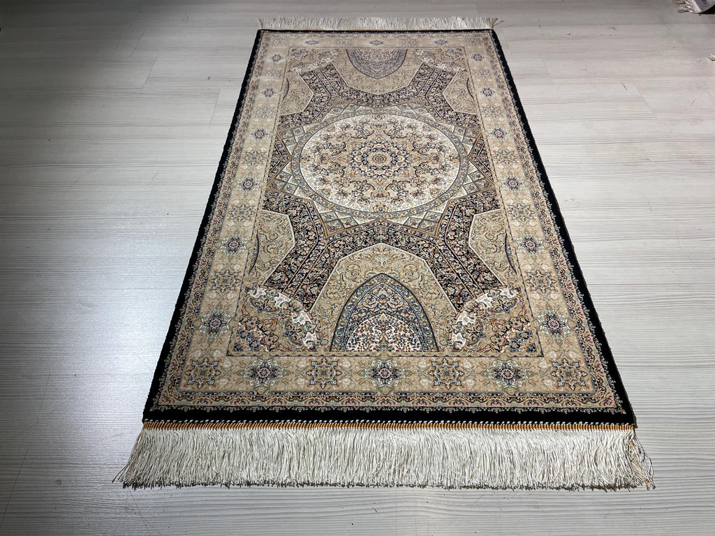 3x5 ft Beige Silk Runner Rug, With a Hagia Sophia Pattern, Turkish Style Small Carpet