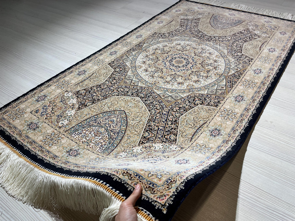 3x5 ft Beige Silk Runner Rug, With a Hagia Sophia Pattern, Turkish Style Small Carpet