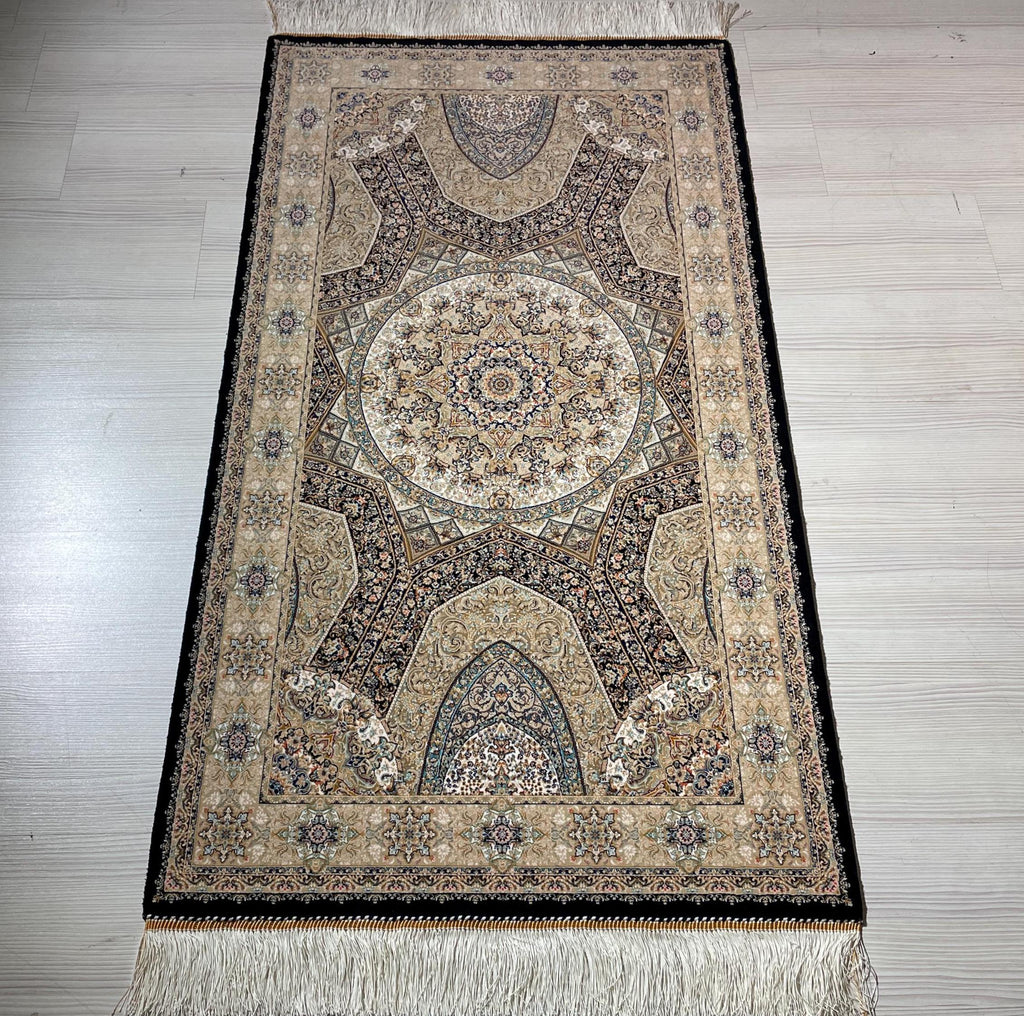 3x5 ft Beige Silk Runner Rug, With a Hagia Sophia Pattern, Turkish Style Small Carpet