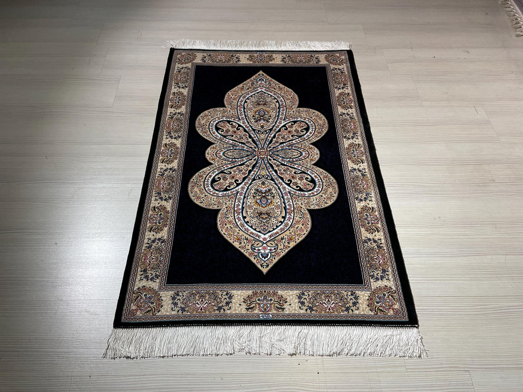 3x5 ft Blue Runner Silk Rug, Medallion Design, Turkish Small Hallway Rug