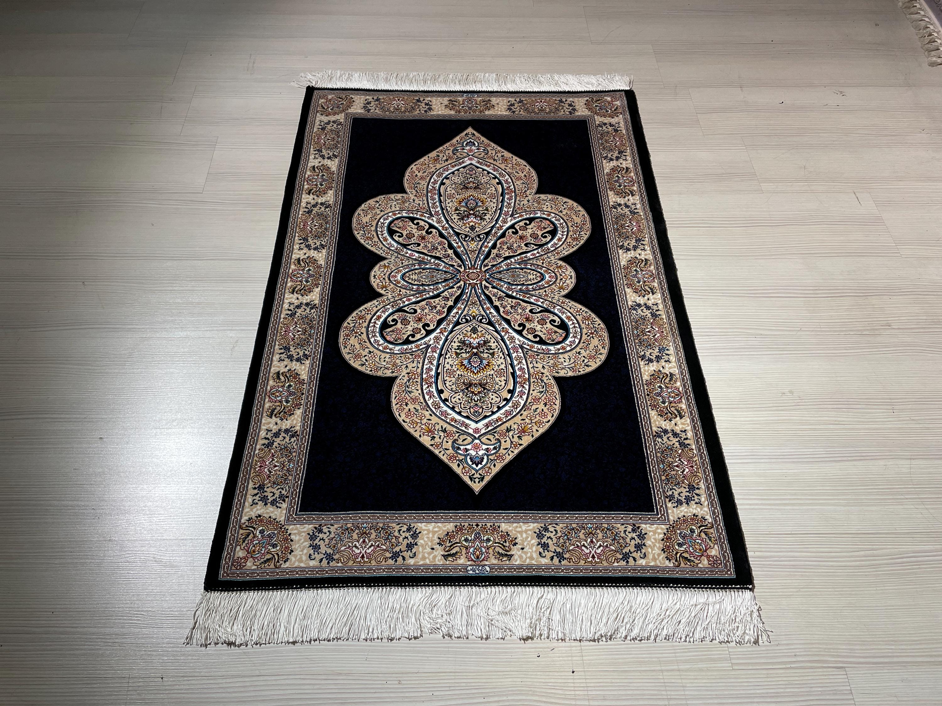 3x5 ft Blue Runner Silk Rug, Medallion Design, Turkish Small Hallway Rug