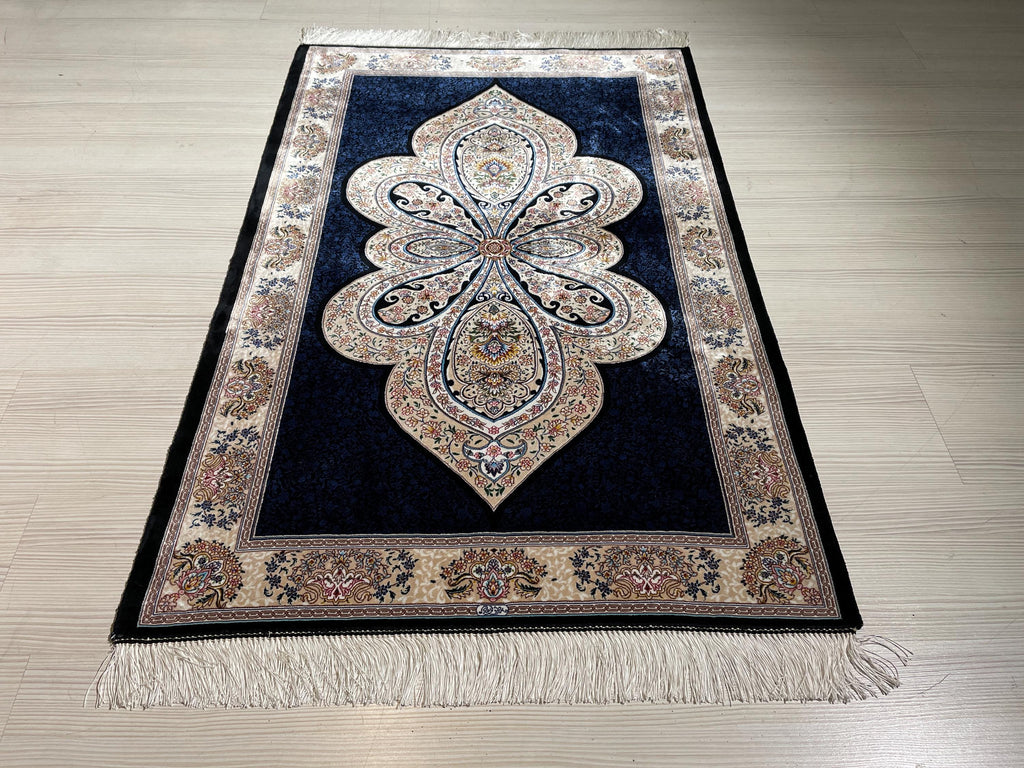 3x5 ft Blue Runner Silk Rug, Medallion Design, Turkish Small Hallway Rug