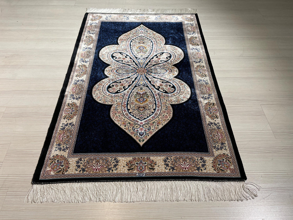 3x5 ft Blue Runner Silk Rug, Medallion Design, Turkish Small Hallway Rug